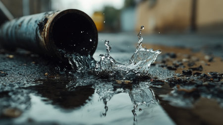 This captivating image showcases water splashing from a pipe, creating dynamic ripples on a wet street surface, with urban scenery in the background.の素材