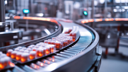 A detailed view of pharmaceutical bottles moving along a conveyor belt in a modern factory. The image captures the advanced manufacturing process in motion with a focus on efficiency and quality control.の素材