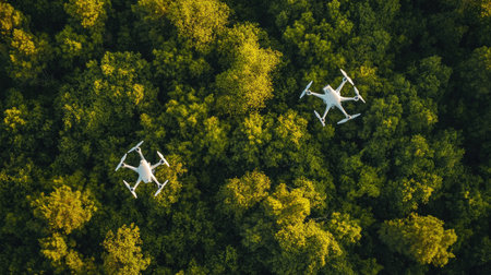 This image captures a stunning aerial view of two drones navigating above a dense forest canopy, surrounded by vibrant greenery and natural beauty.の素材