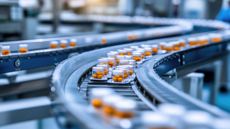 A detailed view of an automated pharmaceutical production line showing medication bottles on a conveyor belt, exemplifying efficiency in manufacturing.の素材