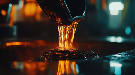 A captivating close-up of molten metal being poured into a mold, showcasing vibrant orange and yellow colors, reflecting an industrial atmosphere.の素材