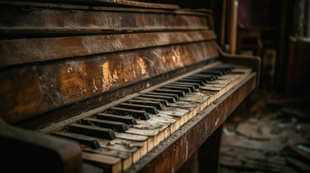 This image showcases an abandoned piano layered in dust and grime, highlighting its weathered keys and forgotten presence in a neglected space, evoking nostalgia.の素材