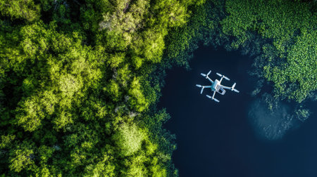 Stunning aerial shot of a drone exploring a tranquil forest landscape, showcasing a vibrant green canopy and a calm water surface below.の素材