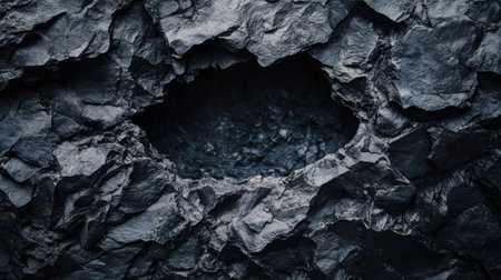 A striking close-up image of dark slate texture featuring a hollow opening, showcasing the rough details and natural formation of the stone.の素材