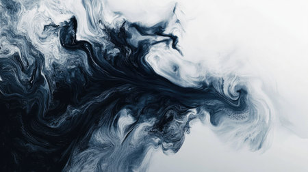 An abstract artistic background featuring fluid waves of dark navy and soft white paint swirling together, creating unique textures and visual appeal.の素材