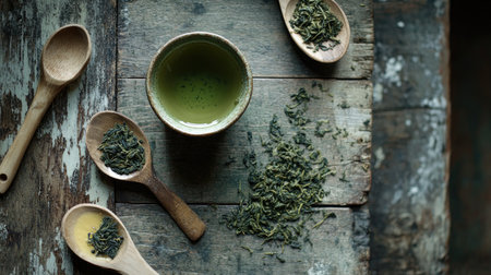 A serene and inviting scene featuring fresh green tea leaves scattered on a rustic wooden table, alongside a cup of brewed tea and wooden spoons. Perfect for promoting wellness and mindfulness.の素材