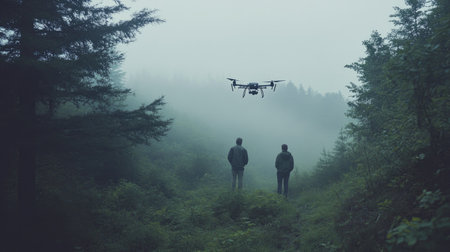 Two individuals stand in a lush green forest, gazing at a drone hovering above them. The scene captures a blend of nature and technology amidst a serene, misty atmosphere.の素材