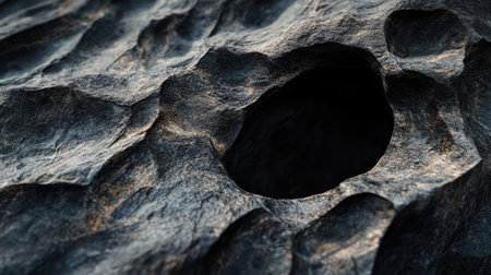 This captivating close-up image highlights a rugged rock surface featuring a deep hole, showcasing intricate textures and natural colors, perfect for environmental themes.の素材