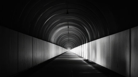 This captivating black and white image showcases a long, dark tunnel with soft light illuminating the end, creating a sense of depth and mystery.の素材