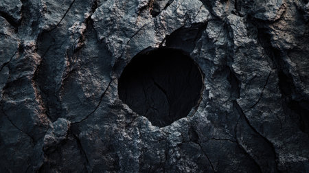 This close-up image showcases a dark rock surface featuring a circular hole and distinct natural cracks. The rugged texture highlights geological erosion and the raw beauty of nature.の素材