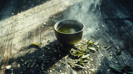 Enjoy the serene ambiance of a steaming bowl of herbal tea resting on a weathered wooden table, accompanied by fresh green leaves, evoking peace.の素材