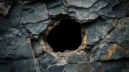 This image showcases a dark stone wall with a prominent hole revealing an empty void. The rough texture and shadows create mysterious depth, inviting curiosity.の素材