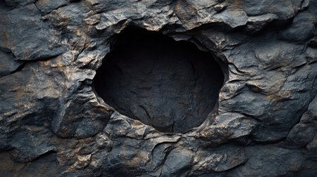 This image showcases a dark and textured rock surface featuring a natural hollow shape. The uneven edges and rugged detail create a striking visual ideal for backgrounds or artistic projects.の素材