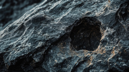 This image showcases a rugged rock surface with a prominent circular hole, highlighting natural geological features and textures found in outdoor landscapes.の素材