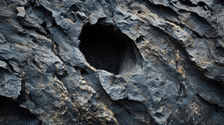 This image captures a close-up view of a rugged rock surface with a distinct natural hollow. The rough texture and dark gray tones create a striking contrast, perfect for geology or nature-related projects.の素材