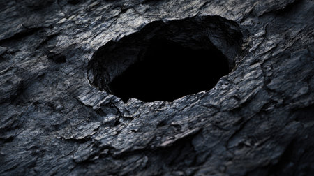This close-up image features a dark hollow in a textured wood surface, showcasing intricate natural patterns and shadows. The photo emphasizes depth and isolation.の素材