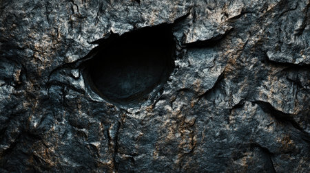 This image features a close-up of a dark stone surface showcasing a significant crevice. The intricate textures and geological patterns create an engaging visual representation of natural formation, perfect for artistic and environmental projects.の素材