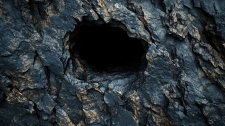 This image captures a dark hole nestled within a rough rock surface, showcasing intricate natural textures and geological formations ideal for exploration themes.の素材