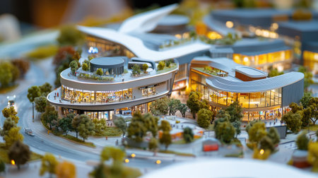 This detailed architectural model showcases a modern shopping center featuring unique design elements, vibrant outdoor spaces, and lively ambiance, perfect for urban planning.の素材