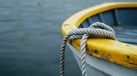 A close-up view of a rustic boat featuring a knotted rope resting on its yellow-trimmed edge. The tranquil water surface reflects a calming atmosphere ideal for leisure and exploration.の素材