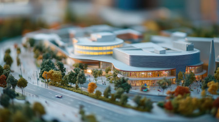 Detailed miniature model of a contemporary urban building showcasing innovative architecture, landscaping, and vibrant city life with people and trees.の素材