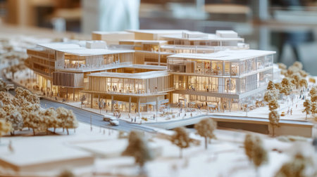 This image showcases a detailed architectural model of a modern commercial complex, complete with intricate landscape elements and people engaging in various activities.の素材