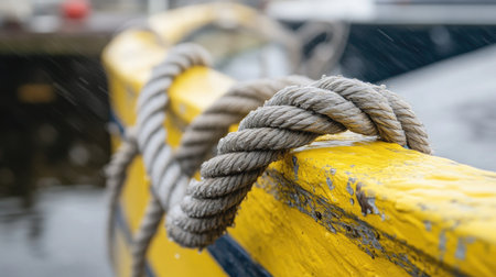 A captivating close-up photograph showcasing a knotted rope on a bright yellow boat, set against a rainy backdrop. The texture of the rope and vibrant colors create a striking visual.の素材