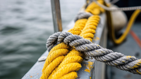 This close-up image features a vibrant yellow and gray rope tied securely on a boat, surrounded by tranquil water, showcasing marine craftsmanship and detail.の素材