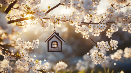 A whimsical wooden house decoration hangs gracefully from a cherry blossom branch, creating a serene spring scene bathed in soft golden light.の素材