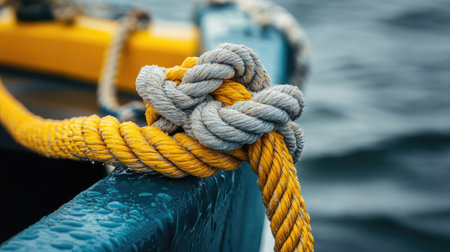 Close-up view of a vibrant nautical knot made of yellow and gray rope, showcasing detail and craftsmanship against a water background.の素材