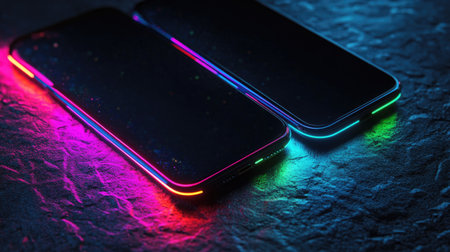 This captivating image showcases two phones with colorful neon lights against a dark textured surface, highlighting modern technology and innovation.の素材