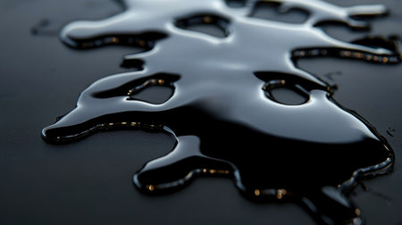 This striking close-up image features a glossy black liquid spreading across a flat surface, showcasing its smooth texture and reflective qualities.の素材