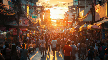 A vibrant urban street scene filled with crowds during sunset captures the essence of city life. The warm golden hour light enhances the lively atmosphere, showcasing market stalls and the dynamic energy of a community gathering.の素材
