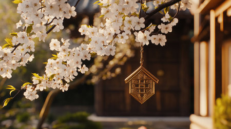 A stunning close-up of a flower-laden branch showcasing a golden pendant, bathed in soft sunlight, set against a backdrop of traditional architecture.の素材
