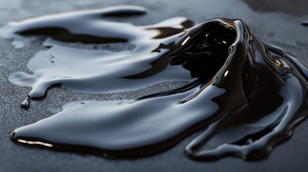 This captivating image features a glimmering black fluid spilling gracefully over a smooth surface, creating an artistic composition ideal for modern design projects.の素材