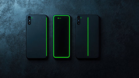 A striking arrangement of three black mobile phone cases with vibrant green accents on a dark textured surface, showcasing modern design and technology.の素材