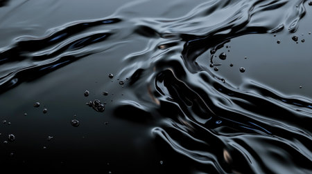 This captivating image features a smooth flowing black liquid with ripples and bubbles, creating a stunning abstract composition that evokes tranquility.の素材