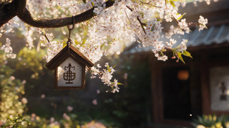 A serene scene in a Japanese garden featuring a traditional lantern hanging from a cherry blossom tree, bathed in soft morning light. Ideal for nature lovers.の素材