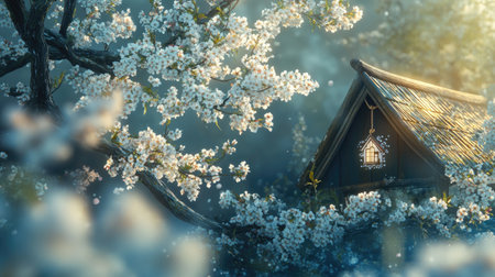A captivating small house nestled among lush cherry blossoms, creating a tranquil scene filled with soft light and stunning floral beauty.の素材