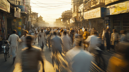 This dynamic image captures a busy city street during golden hour, showcasing the vibrant life of people, bicycles in motion, and the lively atmosphere of urban culture.の素材