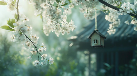 A charming wooden birdhouse hangs delicately among soft blooming flowers, creating a serene and tranquil garden atmosphere perfect for nature lovers.の素材