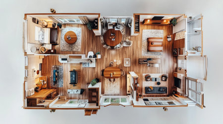 A stunning aerial view of a modern home interior showcases an open layout filled with natural light, cozy furnishings, and inviting decor, perfect for contemporary living.の素材