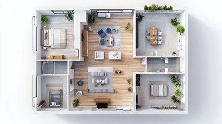 A stunning aerial view of a modern apartment showcasing an open layout with a cozy living room, sleek kitchen, and inviting bedrooms. Bright natural light enhances the space.の素材