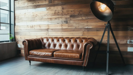 A warm and inviting scene featuring a brown leather couch with button detailing paired with a vintage floor lamp against a wooden wall, perfect for modern interiors.の素材