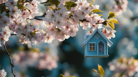 A charming blue birdhouse hangs gracefully among the lush pink cherry blossoms, capturing the essence of spring's beauty and outdoor serenity.の素材