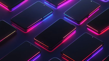 A visually striking arrangement of modern smartphones illuminated by vibrant neon lights on a dark surface. This image captures the essence of contemporary technology and stylish design, perfect for digital marketing and tech-related themes.の素材