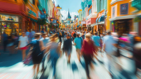 A vibrant urban scene filled with a bustling crowd moving through a lively street lined with colorful buildings on a sunny day.の素材