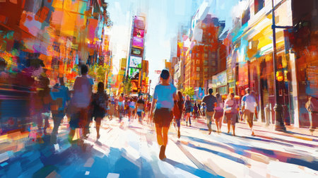A colorful illustration capturing the energy of Times Square, showcasing people walking in a bustling urban environment filled with sunlight and vibrant colors.の素材