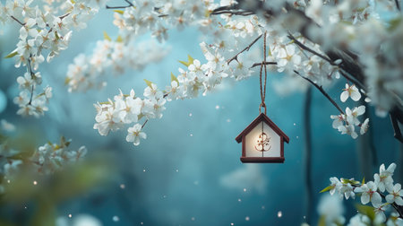 Experience the serene beauty of spring with blossoming flowers and a charming lantern hanging from delicate branches, creating a tranquil outdoor atmosphere.の素材
