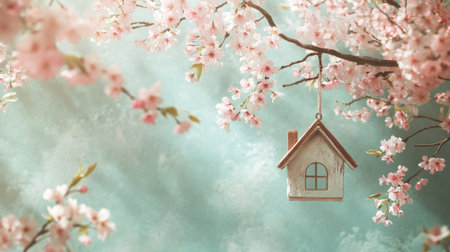 A serene scene featuring a miniature house hanging from a cherry blossom branch, creating a tranquil and picturesque atmosphere of springtime beauty.の素材